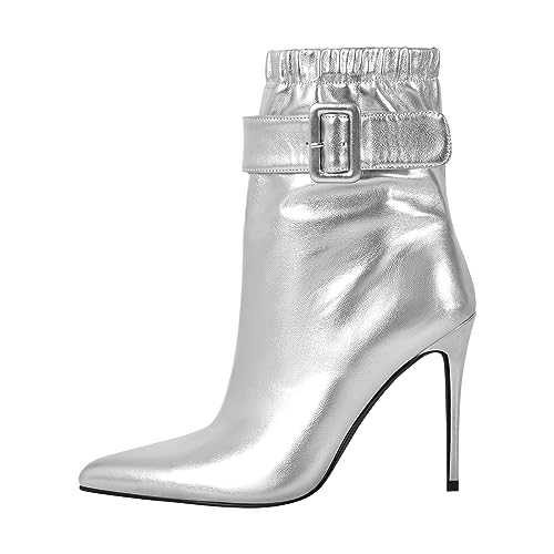 blingqueen Damen Stiletto Stiefeletten Spitze Damenstiefel High Heels Reißverschluss Metallic Silber 45 EU von blingqueen