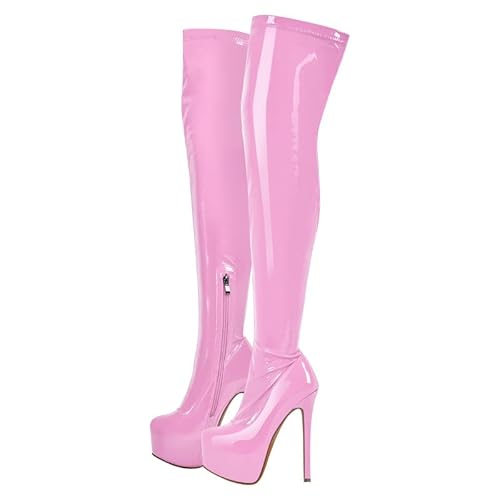 blingqueen Damen Stretch Boots Overknee Stiefel Plateau Stiletto High Heels Reißverschlussstiefel Metallic Lack Rosa 45 EU von blingqueen