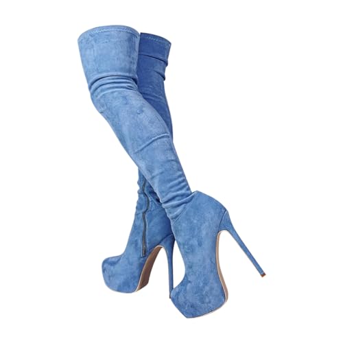 blingqueen Damen Stretch Stiefel Overknee Plateau Stiletto Boots Veloursoptik Blau 41 EU von blingqueen