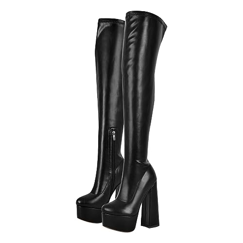 blingqueen Damen Stretch Stiefel Plateau Overknee Boots mit Blockabsatz Lederimitat Schwarz 46 EU von blingqueen