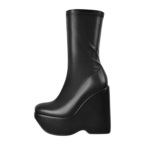 blingqueen Damen Stretch Stiefeletten Plateau Keilabsatz Halbstiefel Mid Calf Boots Schwarz Lederoptik 46 EU von blingqueen