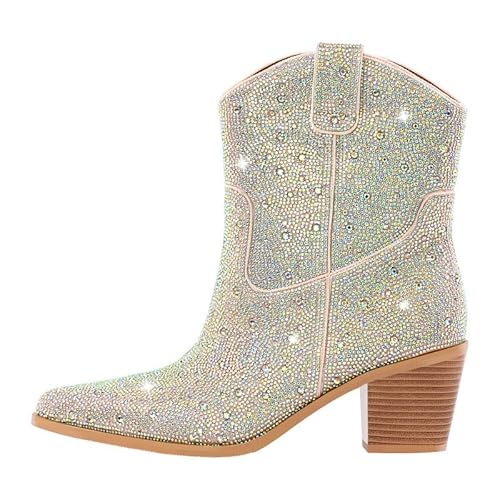 blingqueen Damen Western Stiefeletten Cowboy Ankle Boots Strass Blockabsatz Glänzend 37 EU von blingqueen