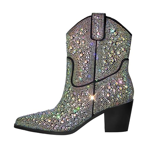 blingqueen Damen Western Stiefeletten Cowboy Ankle Boots Strass Glitzernde Kurze Stiefel Schwarz 41 EU von blingqueen