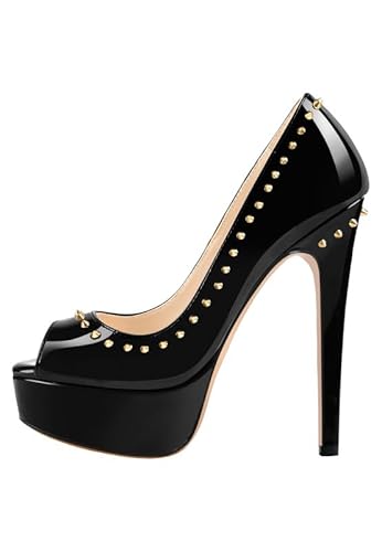 blingqueen Frauen Stiletto Pumps Peeptoe High Heels Plateau Schlupfschuhe Gold Nieten Verziert Metallic Schwarz 42 EU blingqueen Frauen Stiletto Pumps Peeptoe High Heels Plateau Schlupfschuhe Gold Nieten Verziert Metallic Schwarz 42 EU von blingqueen