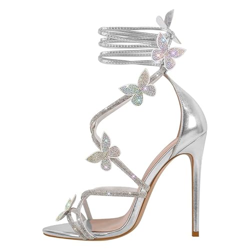 blingqueen Glitzer Sandaletten Stiletto Römersandalen mit Strass Schmetterling Elegante Damen Sommer High Heels Silber 36 EU von blingqueen