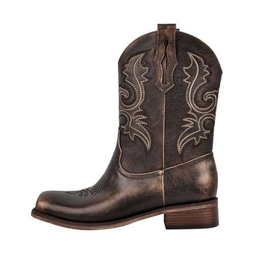 blingqueen Herren Bestickt Cowboystiefel Blockabsatz Westernstiefel mit Quadratischem Zeh Dunkelbraun 44 EU von blingqueen