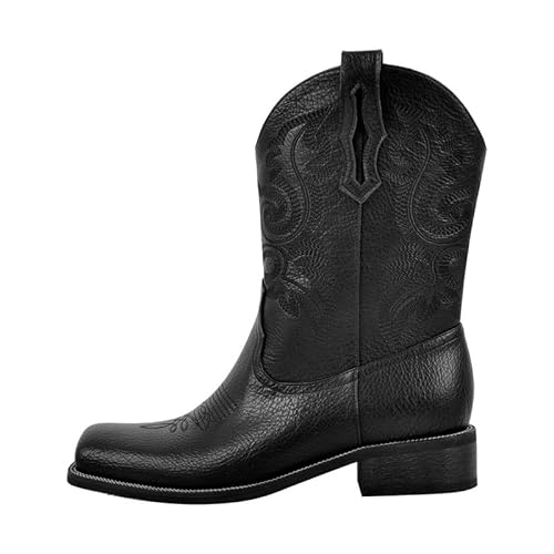 blingqueen Herren Bestickt Cowboystiefel Blockabsatz mit Quadratischem Zeh Schwarz 42 EU von blingqueen