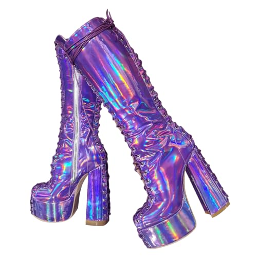 blingqueen Metallic Boots Damen Plateau Stiefel Blockabsatz Schnürstiefel Glänzend Violett 39 EU von blingqueen