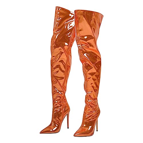 blingqueen Overknee Damen Stiefel Stiletto Metallic Boots Lack Orange 45 EU von blingqueen