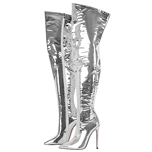 blingqueen Overknee Stiefel Damen Stiletto Lack Boots Metallic Silber 37 EU von blingqueen