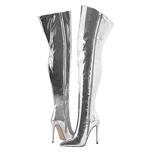 blingqueen Overknee Stiefel Damen Stiletto Lack Boots Metallic Silber 38 EU von blingqueen