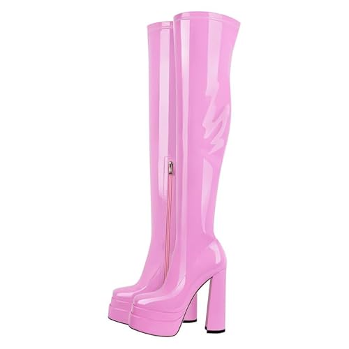 blingqueen Overknee Stiefel für Damen mit Plateau Blockabsatz Stretch Boots Lackoptik Rosa 35 EU von blingqueen