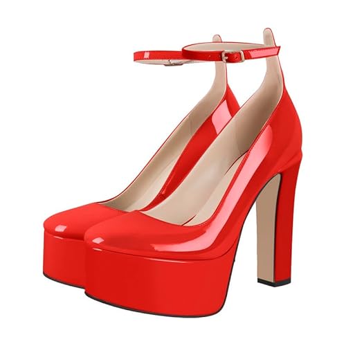 blingqueen Plateau High Heels für Damen Mary Jane Schuhe mit Knöchelriemchen Blockabsatz Lack Rot 43 EU von blingqueen