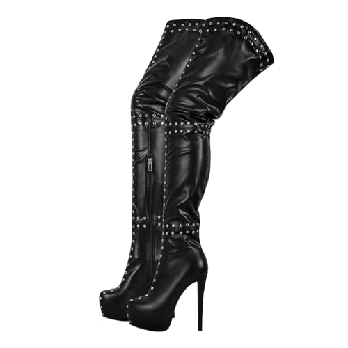 blingqueen Plateau Overknee für Damen Thigh High Boots Stiletto Stiefel mit Nieten Reißverschluss Warm Gefüttert Schwarz 44 EU von blingqueen