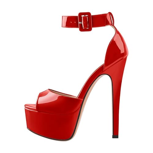 blingqueen Plateau Sandaletten Frauen Peeptoes High Heels Sandalen Stiletto Runde Zehen Abendschuhe Rotlack 36 EU von blingqueen