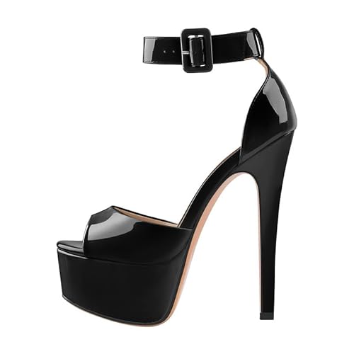 blingqueen Plateau Sandaletten Peeptoe High Heels Stiletto Absatz Sandalen Damen Sommerschuhe mit Schnalle Lack Schwarz 39 EU blingqueen Plateau Sandaletten Peeptoe High Heels Stiletto Absatz Sandalen Damen Sommerschuhe mit Schnalle Lack Schwarz 39 EU von blingqueen