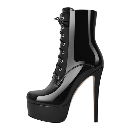 blingqueen Plateau Schnürboots Damen Stiletto Stiefeletten Lace up Mid Calf Boots Metallic Schwarz 45 EU von blingqueen