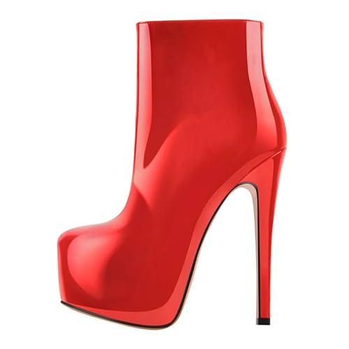 blingqueen Plateau Stiefeletten Stiletto Knöchelstiefel für Frauen Zipper Ankle Boots Platform Metallic Rot 38 EU von blingqueen