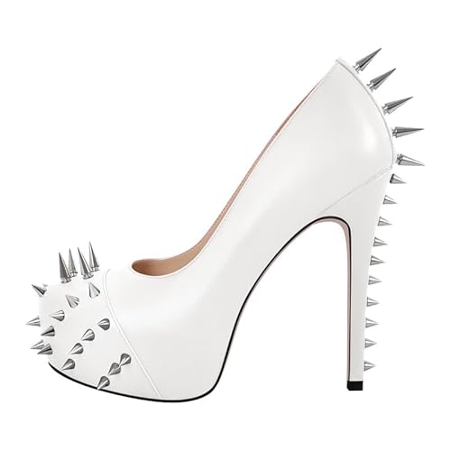 blingqueen Plateau Stiletto High Heels Runde Zehen Pumps Elegante Damenschuhe Slip on Punk Stil mit Nieten Glattoptik Weiß 41 EU von blingqueen