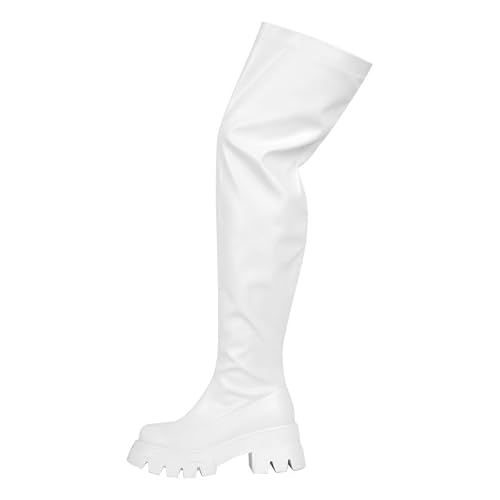 blingqueen Stretch Boots Damen Stiefel Überknie Plateau Overknees Elastisch mit Kobigem Absatz Glattleder Weiß 45 EU von blingqueen