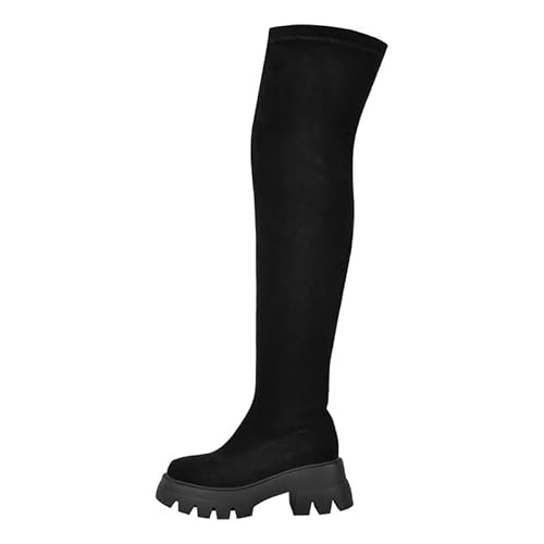 blingqueen Stretch Stiefel Damen Plateau Overknee Boots Blockabsatz Schwarz 46 EU von blingqueen