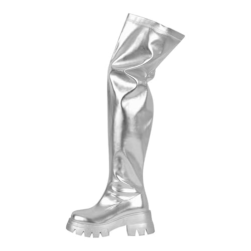 blingqueen Stretch Stiefel Damen Plateau Overknee Boots mit Profilsohle Blockabsatz Glänzend Silber 38 EU von blingqueen