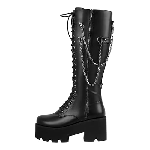 blingqueen Unisex Biker Boots Plateau Stiefel Blockabsatz Schnürstiefel mit Ketten Punk Stil Schwarz 38 EU von blingqueen