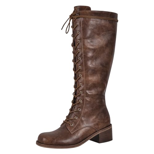 blingqueen Unisex Schnürstiefel Flache Stiefel Lace up Boots Blockabsatz Combat Distressed Cognac 38 EU von blingqueen