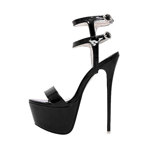 blingquenn Damen Plateau High Heels Riemchensandalen Sandaletten Stiletto Absatz Lack Schwarz 42 EU von blingqueen