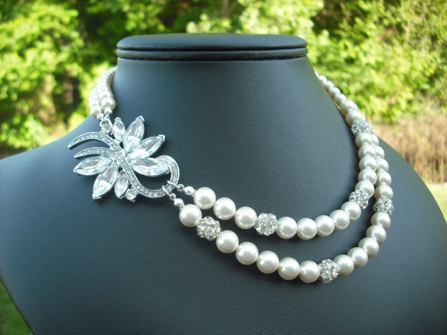 Alexis, Braut Halskette, Strass Und Perlen Collier, Doppel-Strängige Art Deco Vintage-Stil Hochzeit Schmuck von blissbridal1