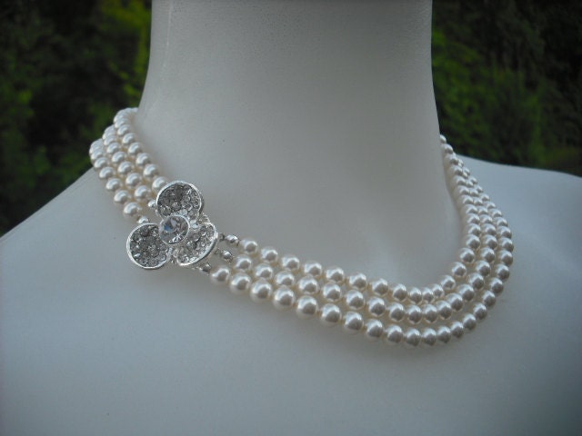 Anna, Triple Stränge Halskette, Braut Strass Und Perlen Collier, Vintage-Stil Halskette Hochzeit Schmuck von blissbridal1