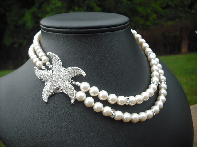 Braut Halskette, Brautjungfer Necklace, Starfish-Version 3, Beach Theme, Bridal Strass Und Perlenkette, Hochzeit Schmuck von blissbridal1