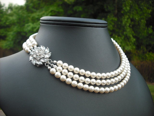 Emma, Dreifachstrang Halskette, Braut Strass Und Perlen Vintage Stil Hochzeitsschmuck von blissbridal1