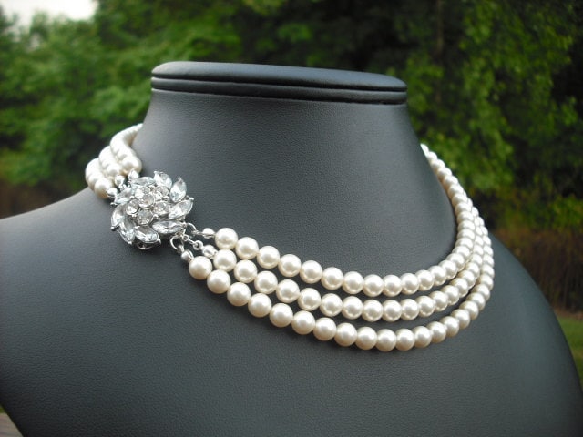 Emma, Dreifachstrang Halskette, Braut Strass Und Perlen Vintage Stil Hochzeitsschmuck von blissbridal1