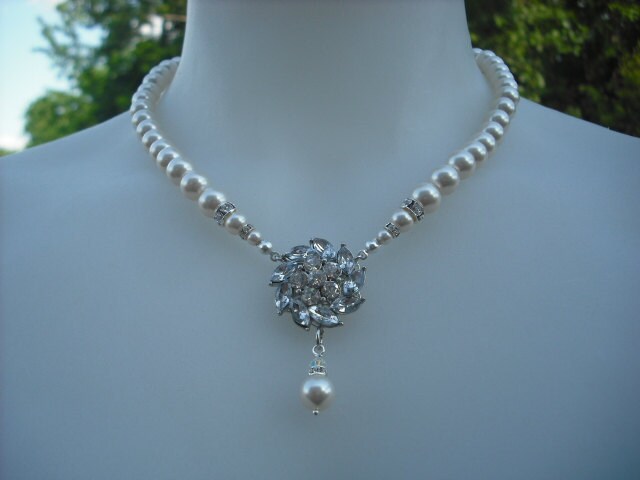 Emma, Strass-Center-Kette, Braut Halskette, Strass Und Perlen Collier, Vintage-Stil Hochzeit Schmuck von blissbridal1