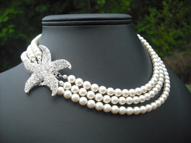 Sale - Seestern Kollektion Version 3, Triple Stränge, Braut Halskette, Strass Und Perlen Vintage Stil, Hochzeitsschmuck von blissbridal1