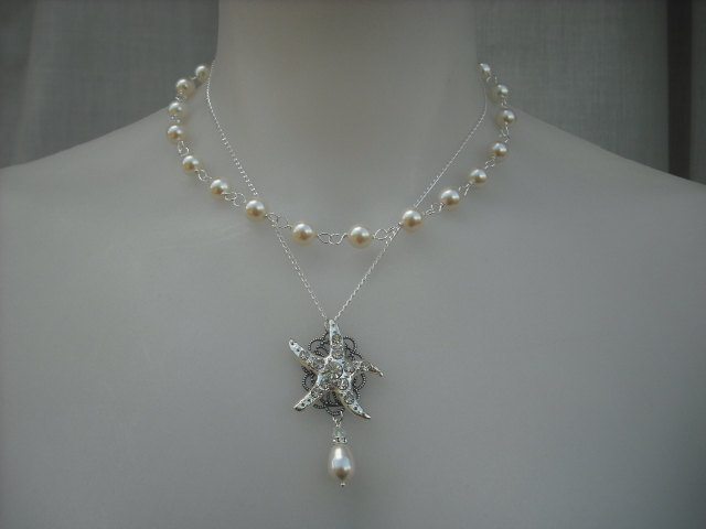 Starfish-Version 1, Stränge Double Braut Halskette, Strass Und Perlen Collier, Vintage-Stil, Hochzeit Schmuck von blissbridal1