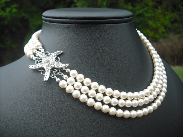 Starfish-Version 1, Stränge Triple Braut Halskette, Strass Und Perlen Collier, Vintage-Stil, Hochzeit Schmuck von blissbridal1