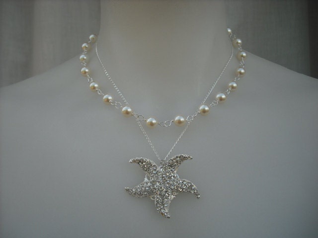 Starfish Version 3 Stränge Double Braut Halskette, Strass Und Perlen Collier, Vintage-Stil, Hochzeit Schmuck von blissbridal1