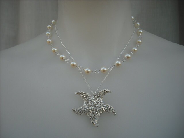 Starfish Version 3 Stränge Double Braut Halskette, Strass Und Perlen Collier, Vintage-Stil, Hochzeit Schmuck von blissbridal1