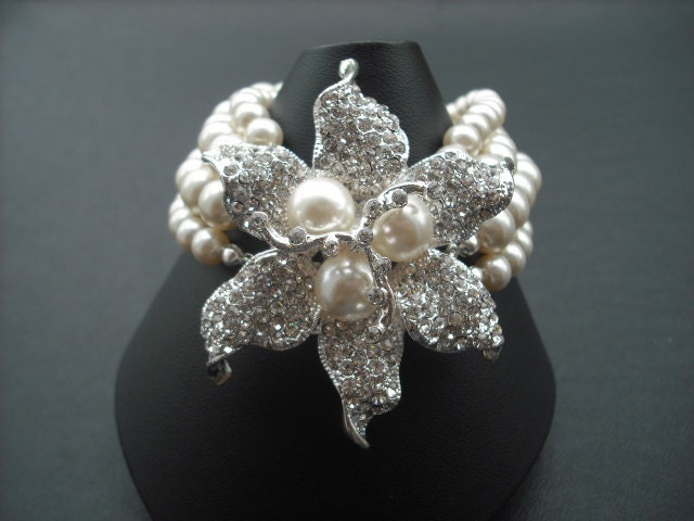 Stella, Vier Stränge Bridal Armband, Art Deco Strass Amd Pearl Vintage Style Schmuck, Weddng Schmuck von blissbridal1