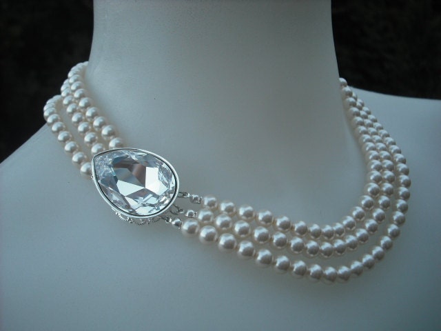 Verkauf - Isabella, Drei Stränge Halskette, Braut Strass Und Perlen Collier, Vintage-Stil Halskette Hochzeit Schmuck von blissbridal1