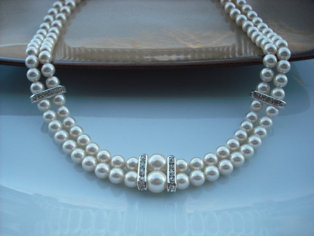 Victoria Kollektion, Braut Halskette, Strass Und Perlen Collier, Doppel-Strängige Vintage-Stil Halskette Hochzeit Schmuck von blissbridal1