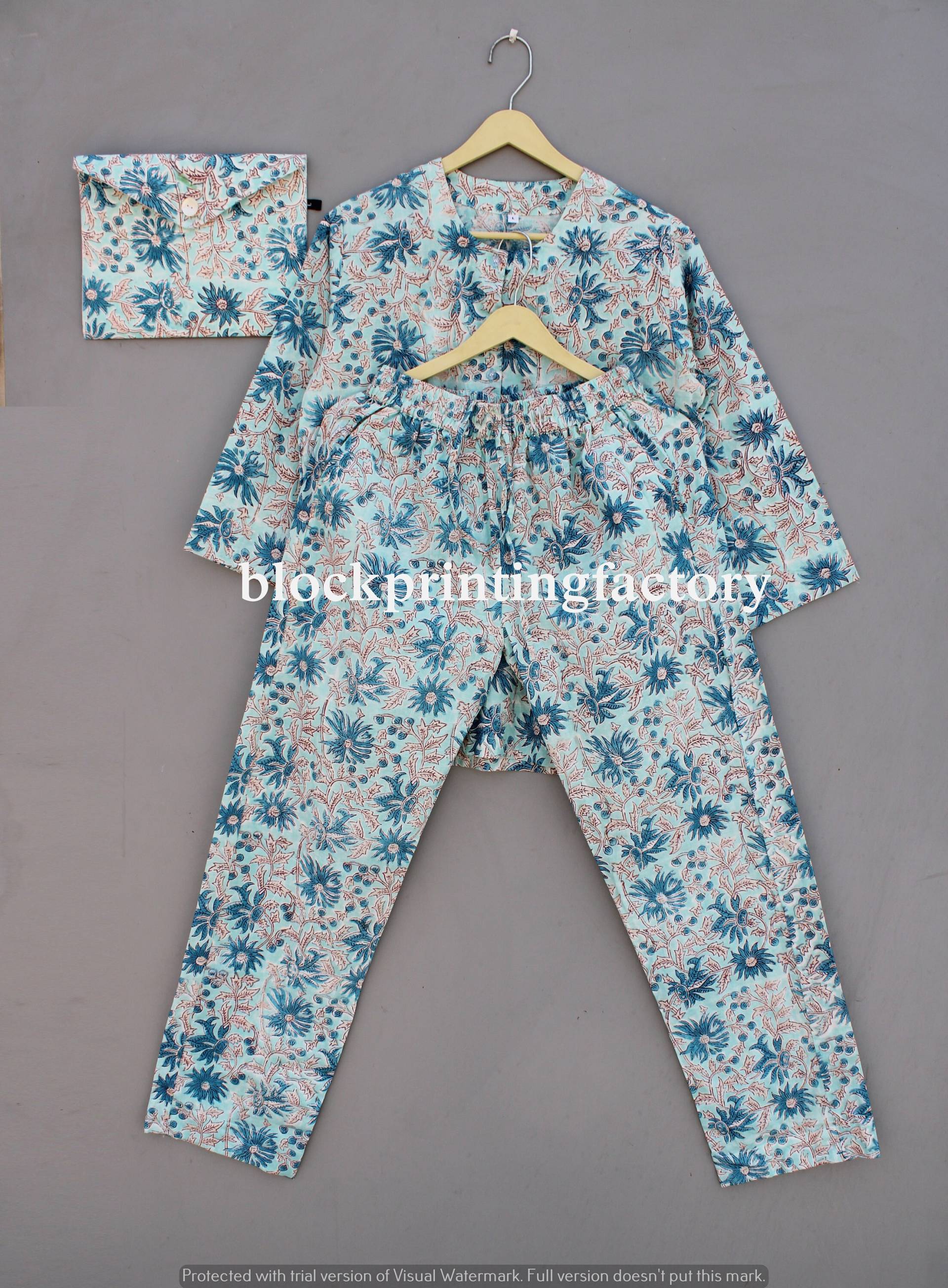 Damen-Pyjama Aus 100 % Reiner Baumwolle, Ultraweiches Baumwoll-Pyjama-Set, Hosen, Hemden, Nachtwäsche-Set, Homewear-Set, Baumwoll-Pyjama-Set von blockprintingfactory