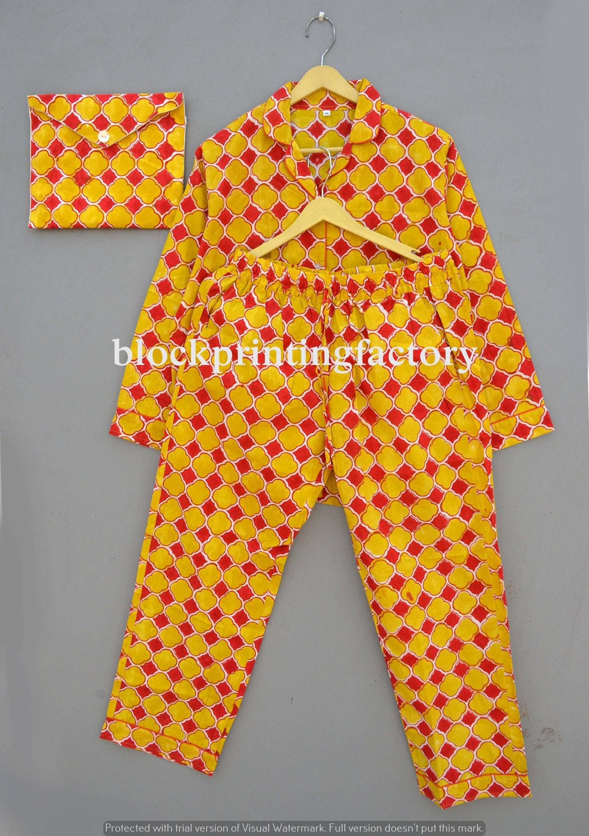 Gelbes Baumwoll-Pyjama-Set Mit Kurzer Damen-Baumwollkleidung, Damen-Pyjama Aus Reiner Baumwolle, Ultraweiches von blockprintingfactory