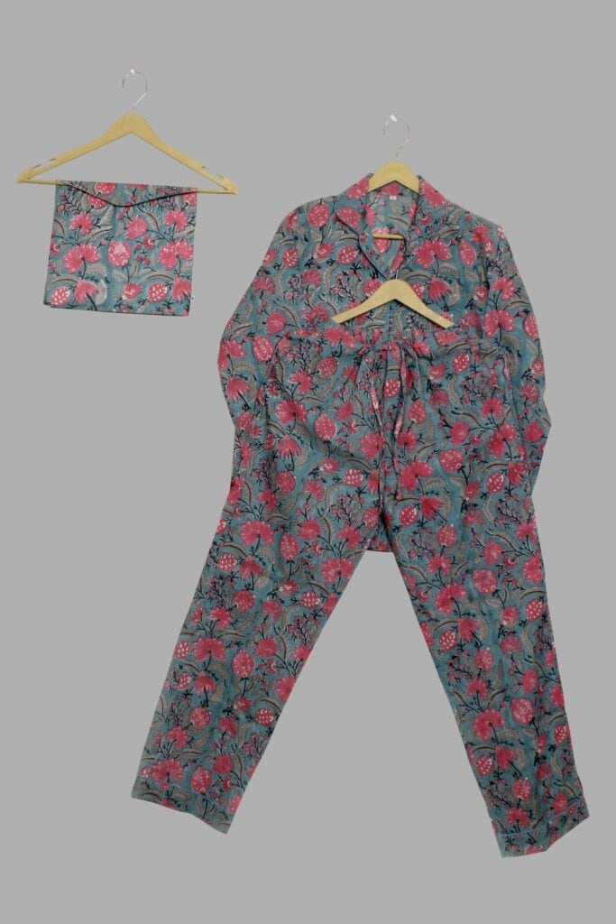 Handbedrucktes Baumwoll-Pyjama-Set, Sommeranzug, Damen-Nachtkleid, Unisex-Pyjama, Langarm-Pyjama-Set, Brautjungfern-Pyjama-Set von blockprintingfactory