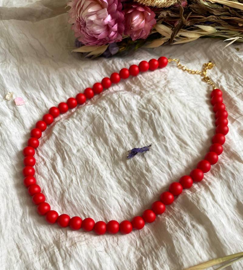 Rote Perlenkette Mit Großen Acrylperlen | Dopamine Jewellery Dopamin Schmuck Sommer Vintage Verstellbar Gold Allergiefrei von blombarn