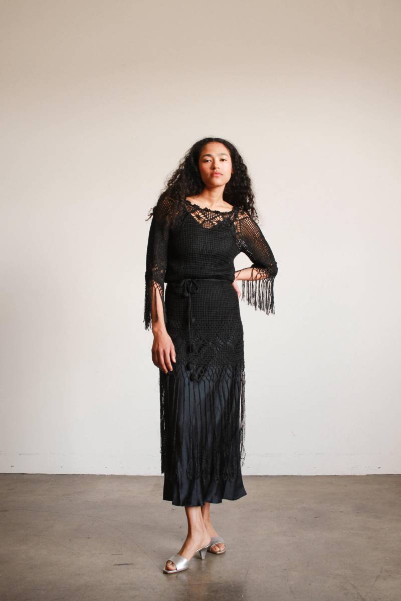 1920Er Jahre Schwarze Häkelfransen-Tunika von blossomvintageshop