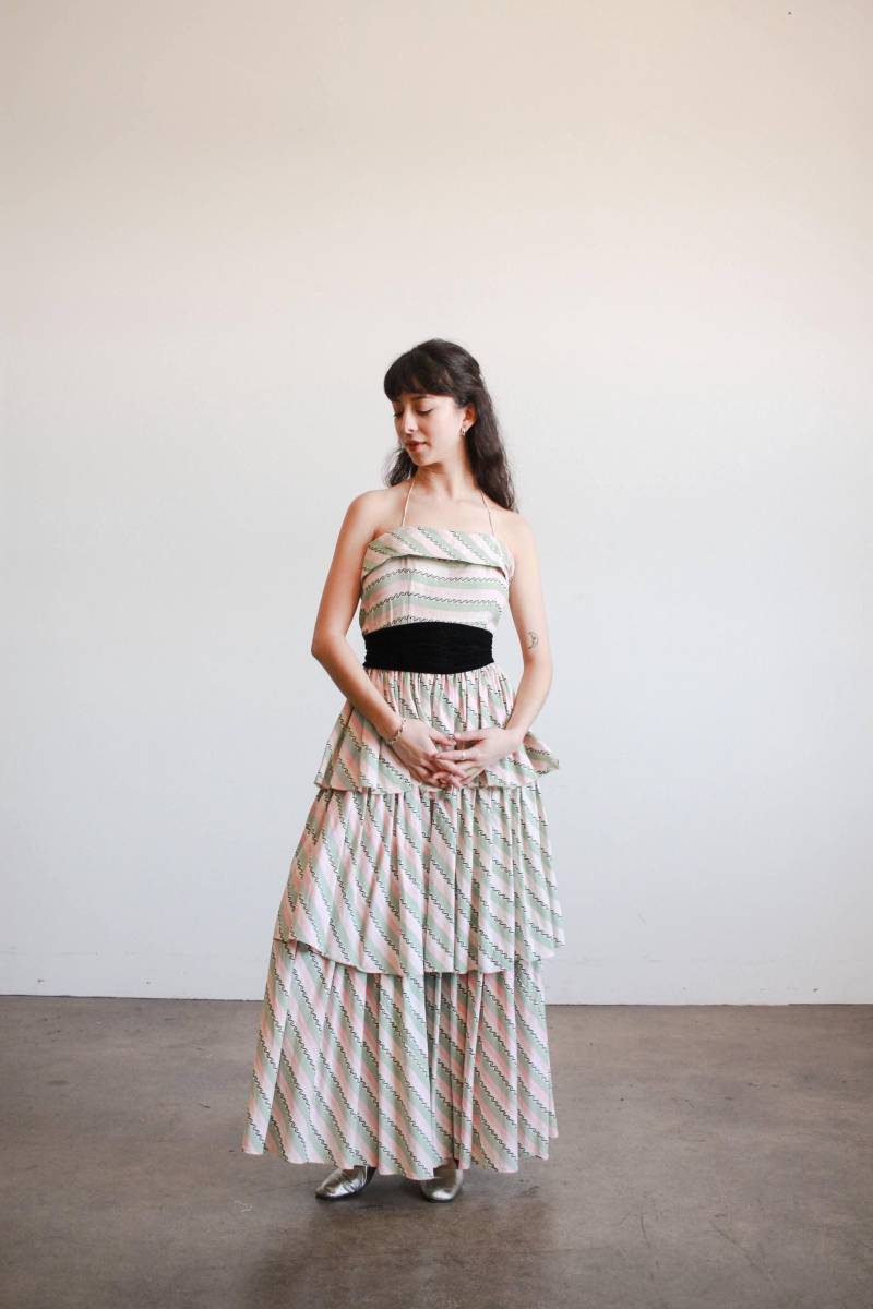 1950Er Jahre Grün Rosa Gestreiftes Trägerloses Baumwollkleid von blossomvintageshop