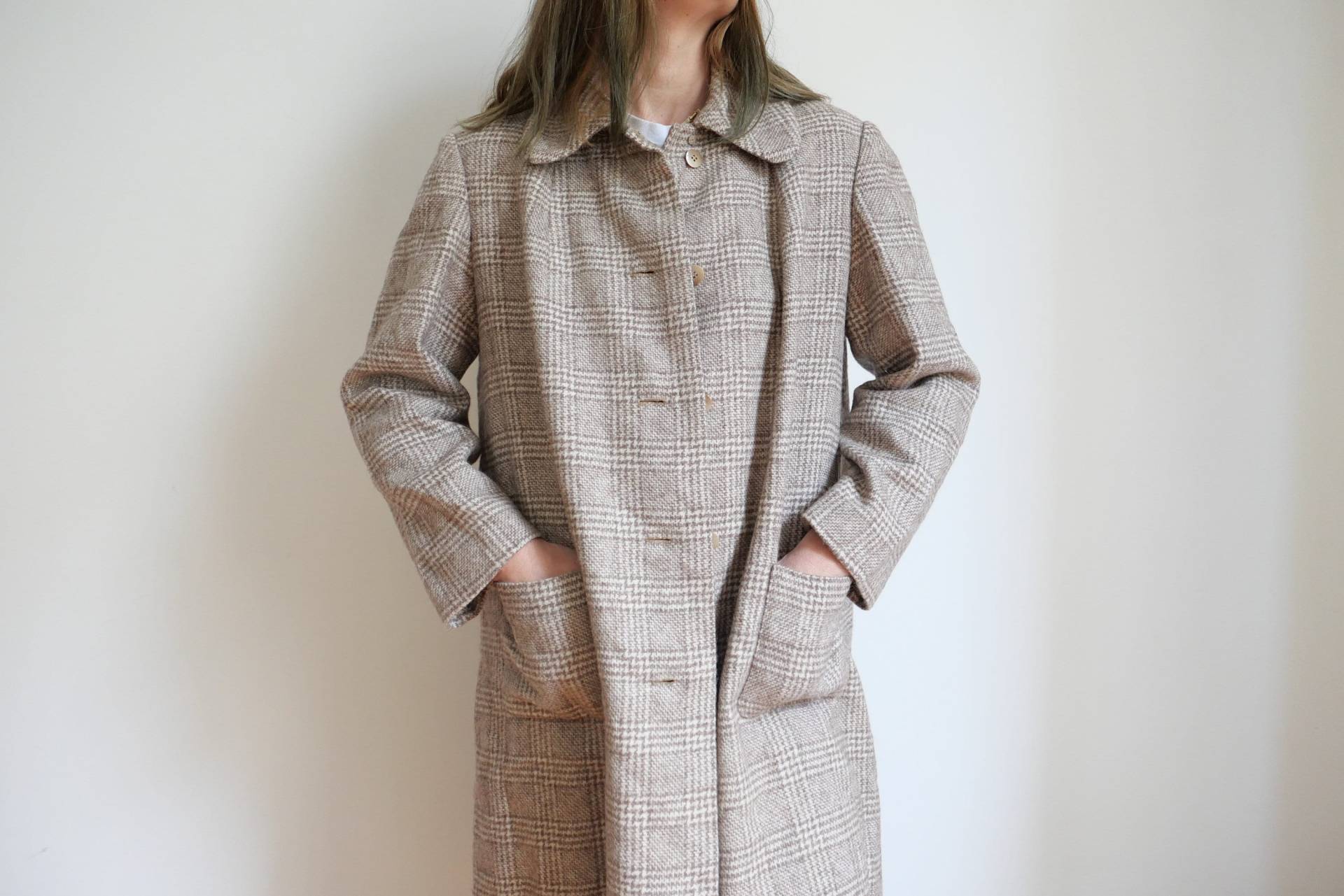 Vintage 100% Wolle Asch Beige Kariert Mantel Karo Gabardine Trenchcoat Bubikragen Breit A-Linie Ästhetik Basic Größe S/M/L von blubirdvintagelove